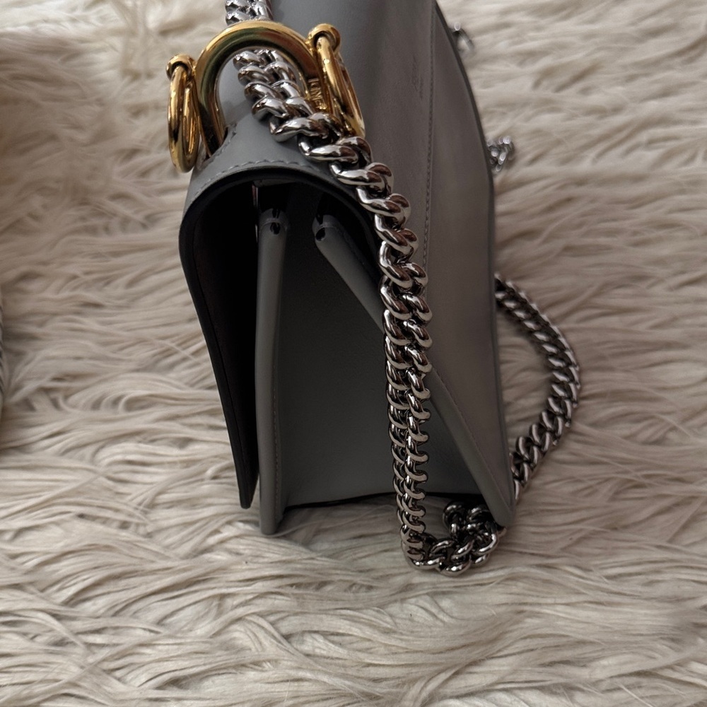 Fendi (F is for Fendi) Gray Leather Shoulder Bag with Chain Strap - Picture 9 of 16